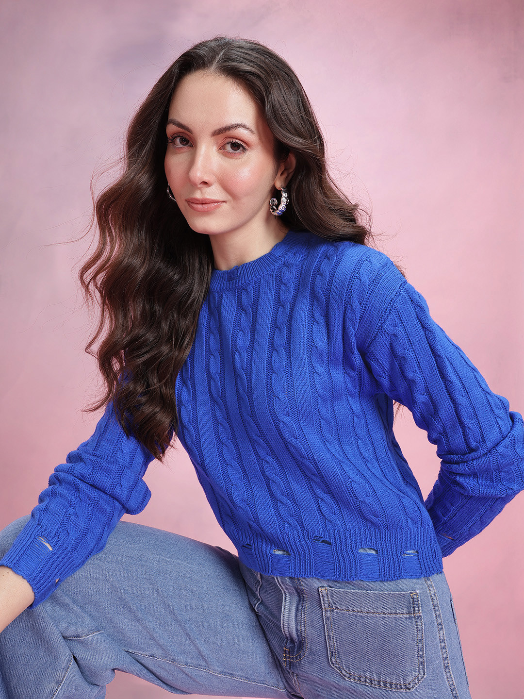 DressBerry Cable Knit Pullover with Distressed Ribbed Hem