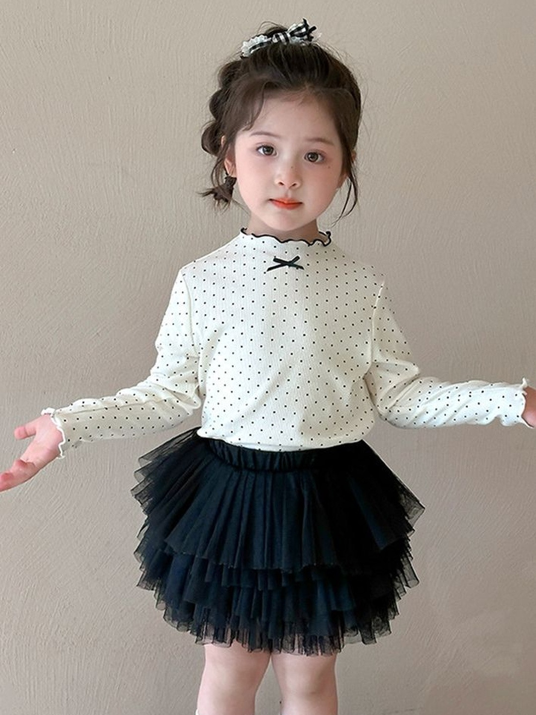 LULU & SKY Girls Polka Dots Print Mock Neck Bow-Detail Monochrome Top