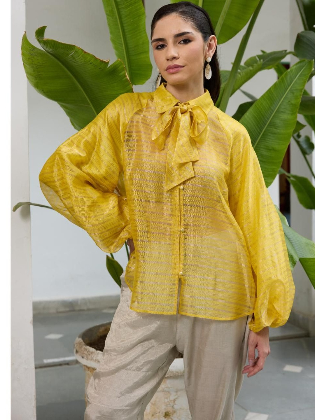 RAAS LIFE Tie-Up Neck Bishop Sleeves Cotton Top