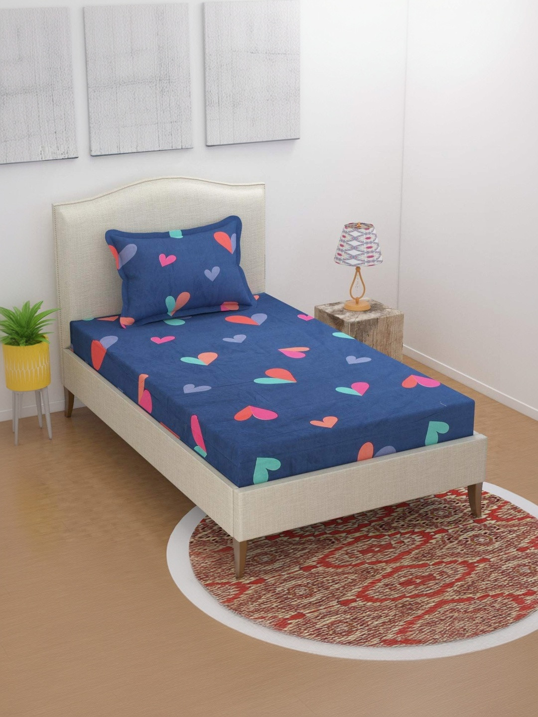 Homybees Navy Blue Geometric 220 TC Single Bedsheet with 1 Pillow Covers