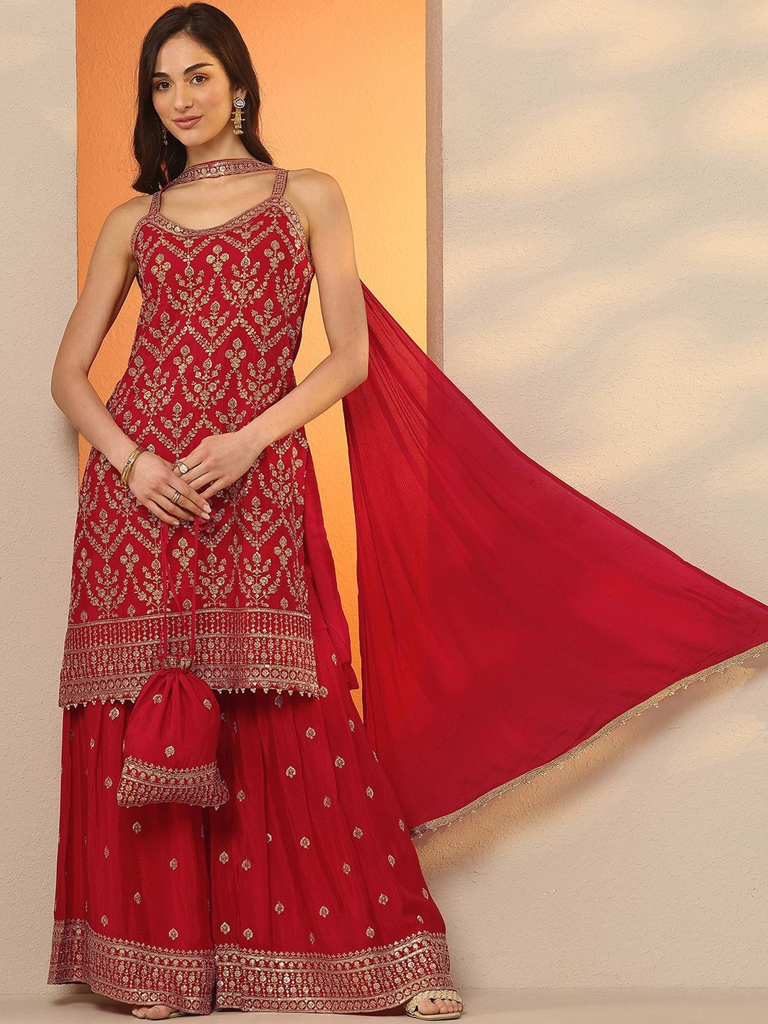 Libas Art Ethnic Motifs Embroidered Chinon Kurta With Palazzos & Dupatta