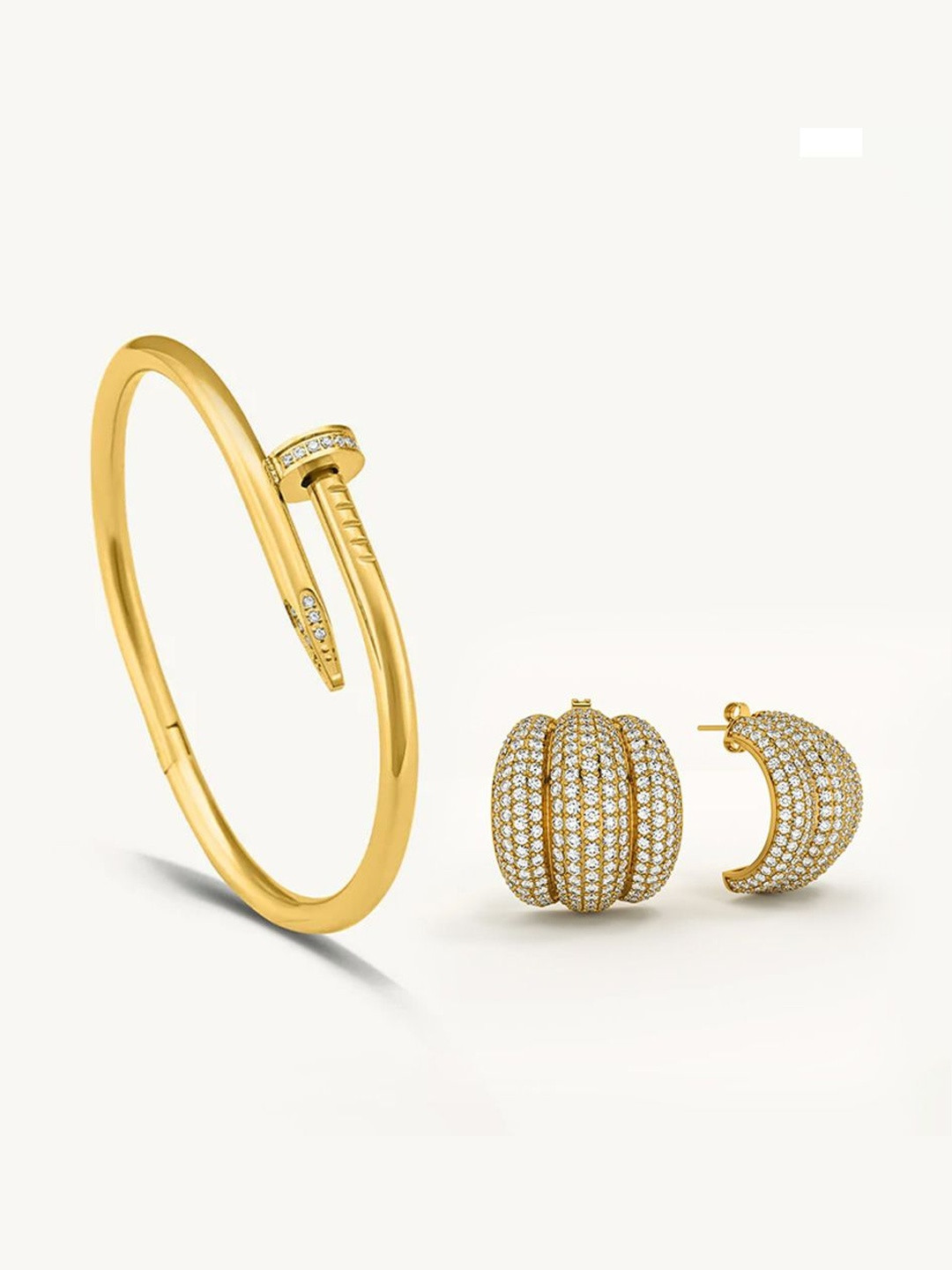 PALMONAS Women Gold-Plated Nail Bangle Bracelet & Triple C Stud Earrings Set