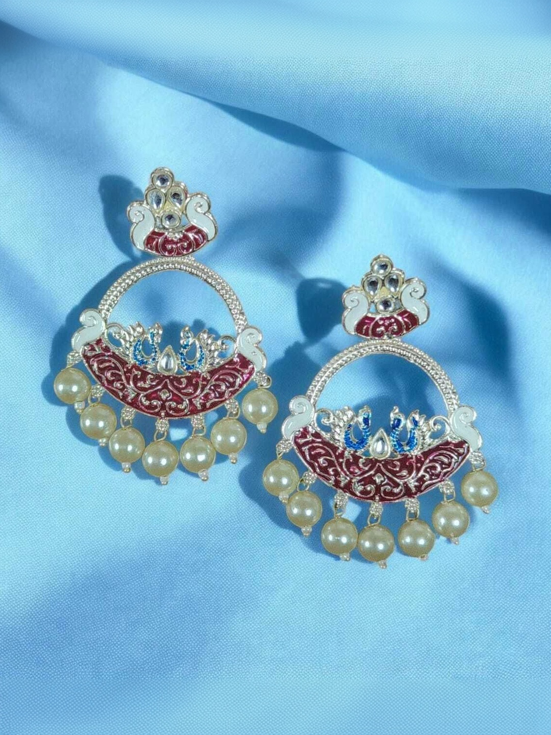 MYSTERIOUSMART Pearls Beadded Crescent Shaped Chandbalis