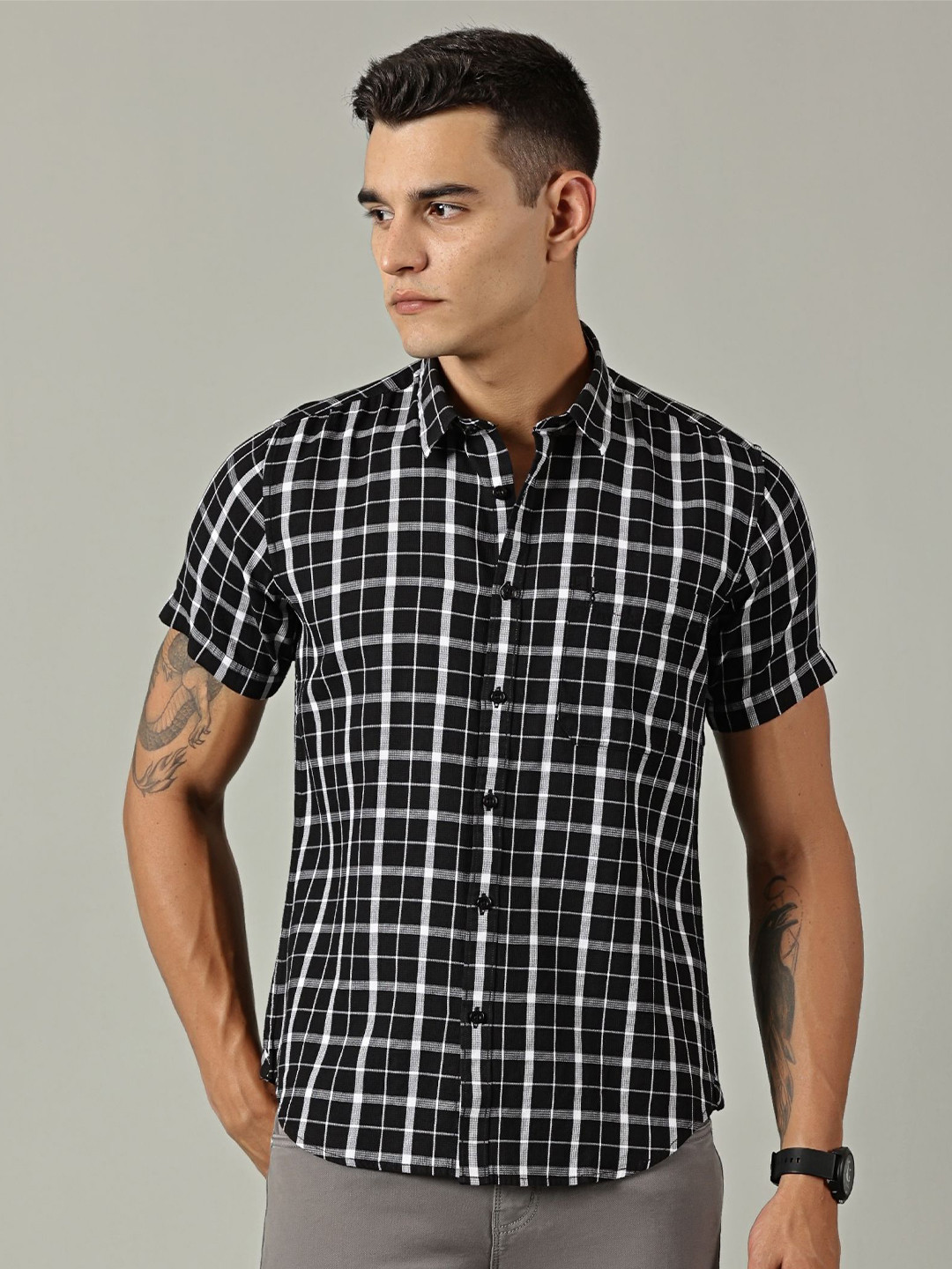 TRIGGER Men Slim Fit Windowpane Checks Checked Casual Shirt