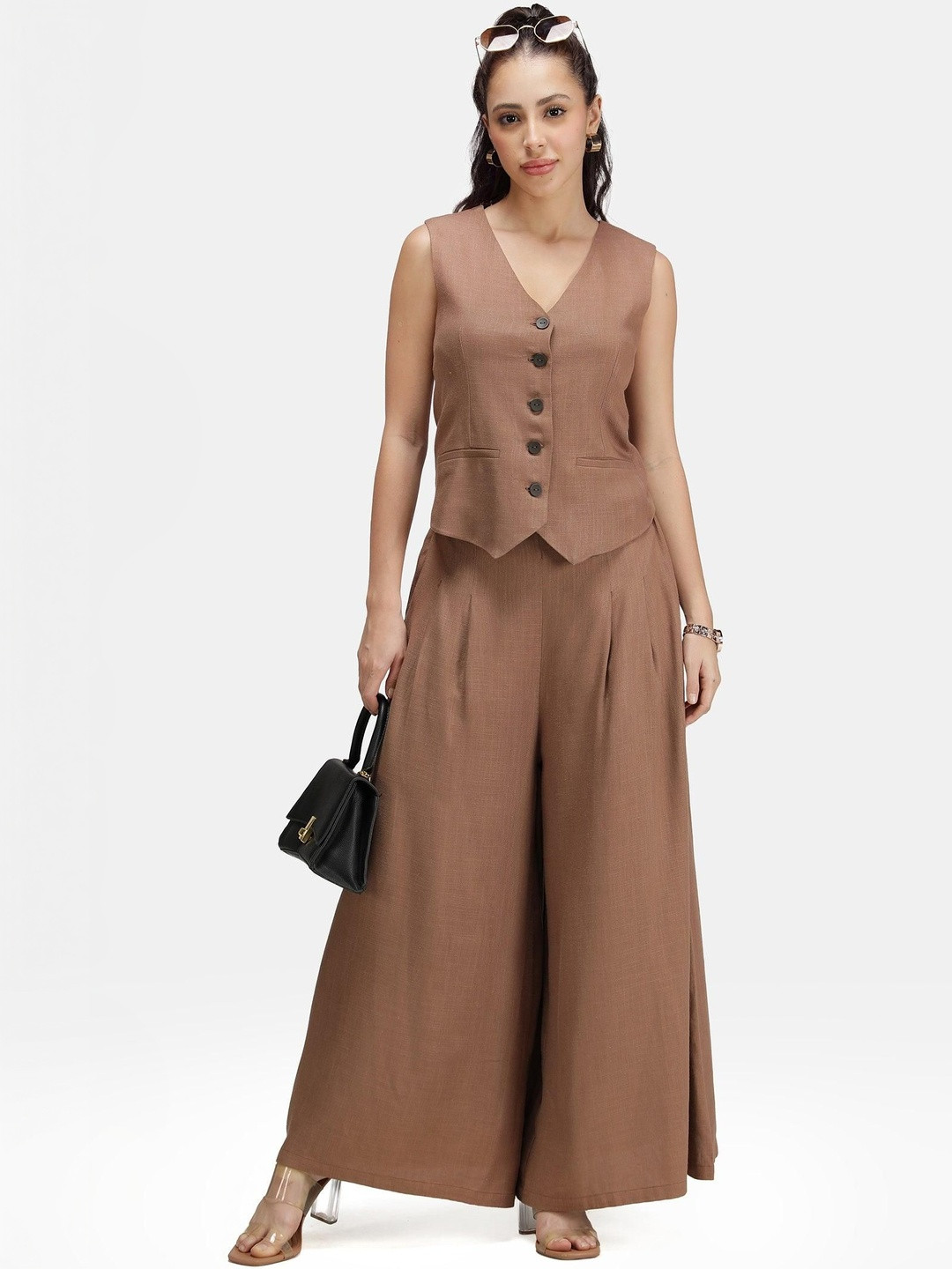 Virgio Women Solid Linen High Waist Flared Trousers