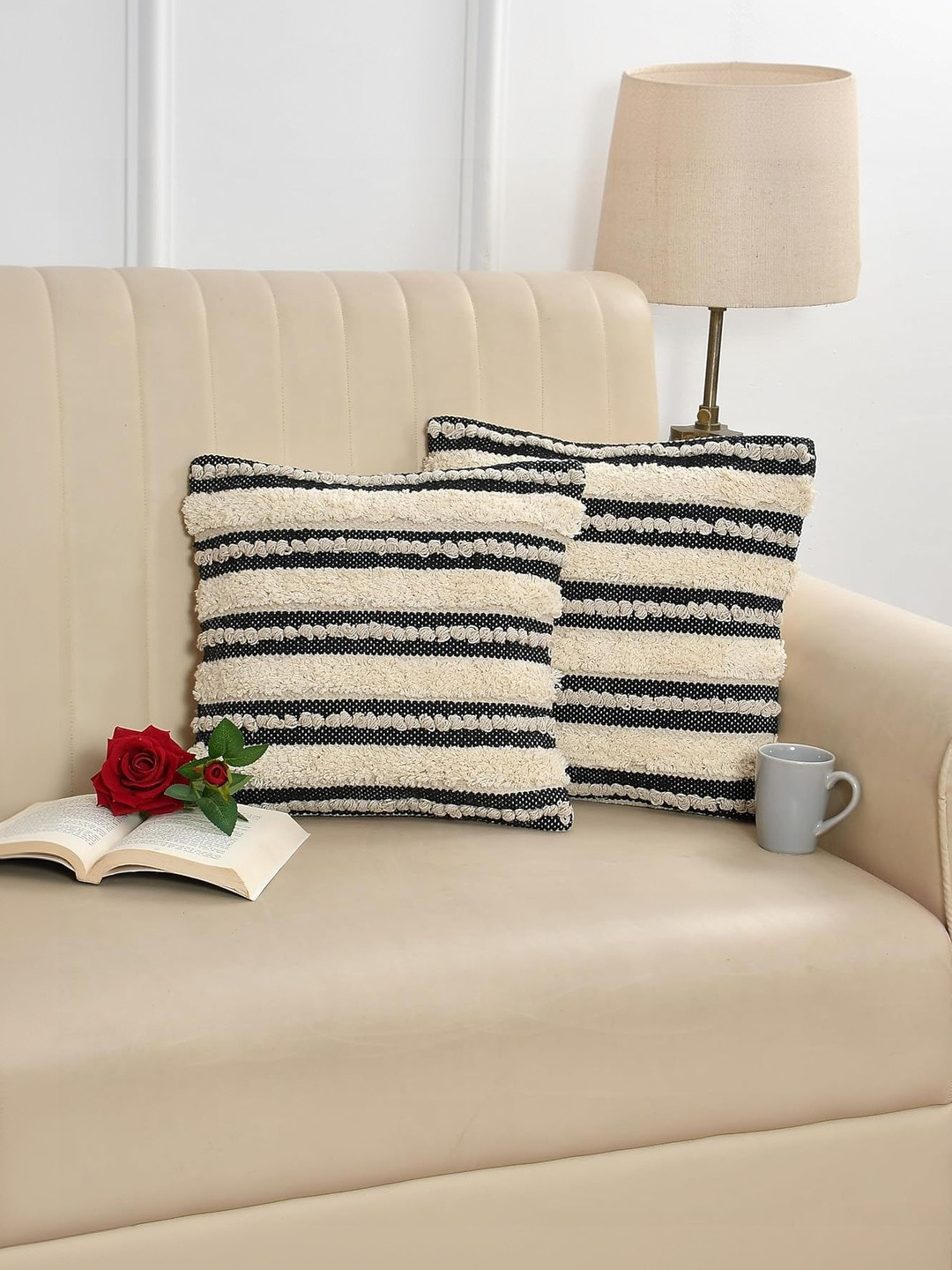 KIDS WONDERS Cream-Coloured & Green Set of 2 Boho Cotton Tufted Cushion Covers