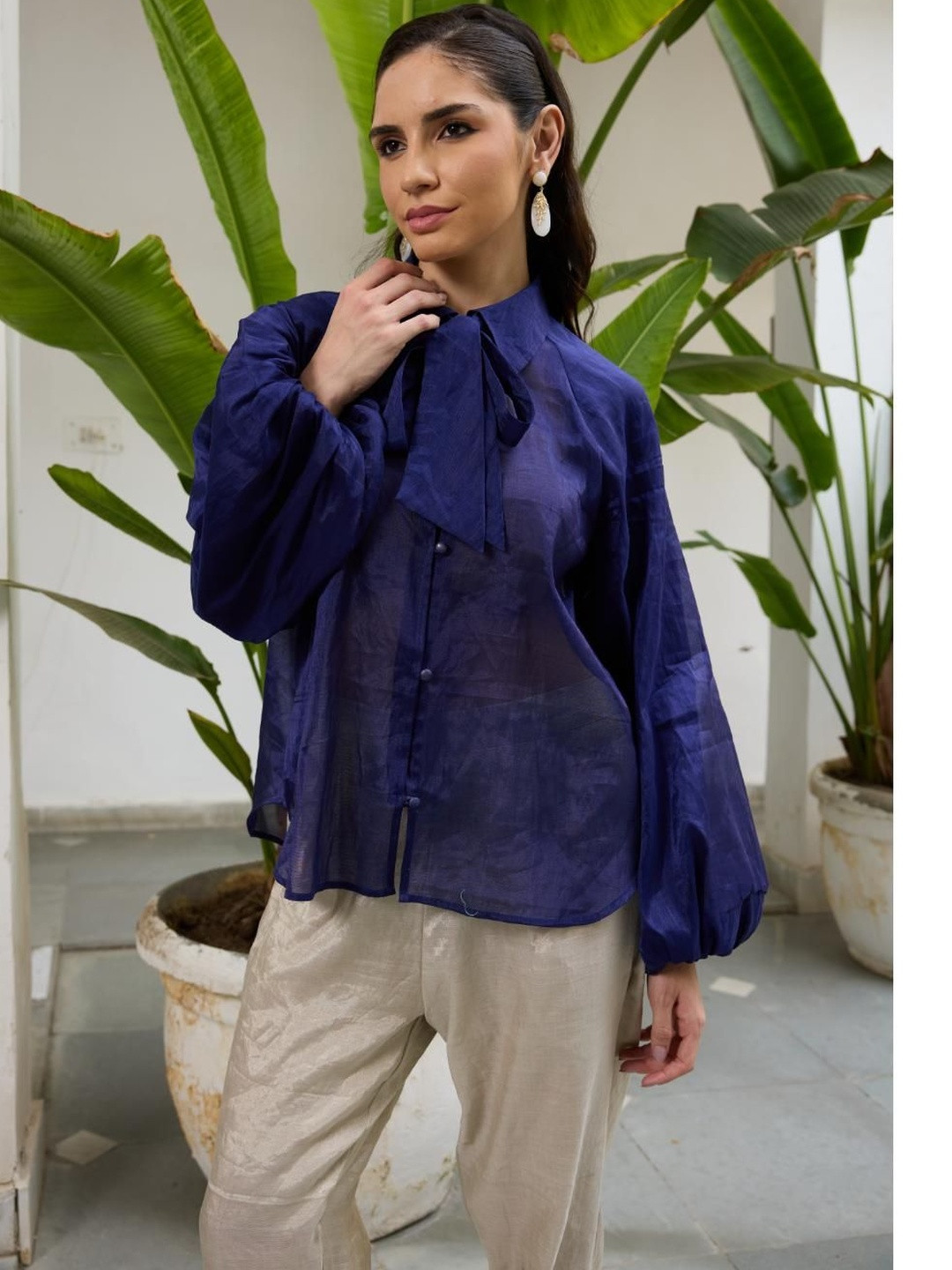 RAAS LIFE Tie-Up Neck Bishop Sleeves Sheer Cotton Top