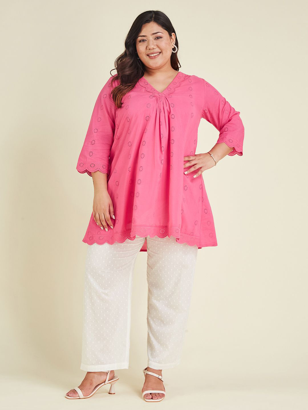 KALINI Women Plus Size Pink Pure Cotton Schiffli A-line Tunic