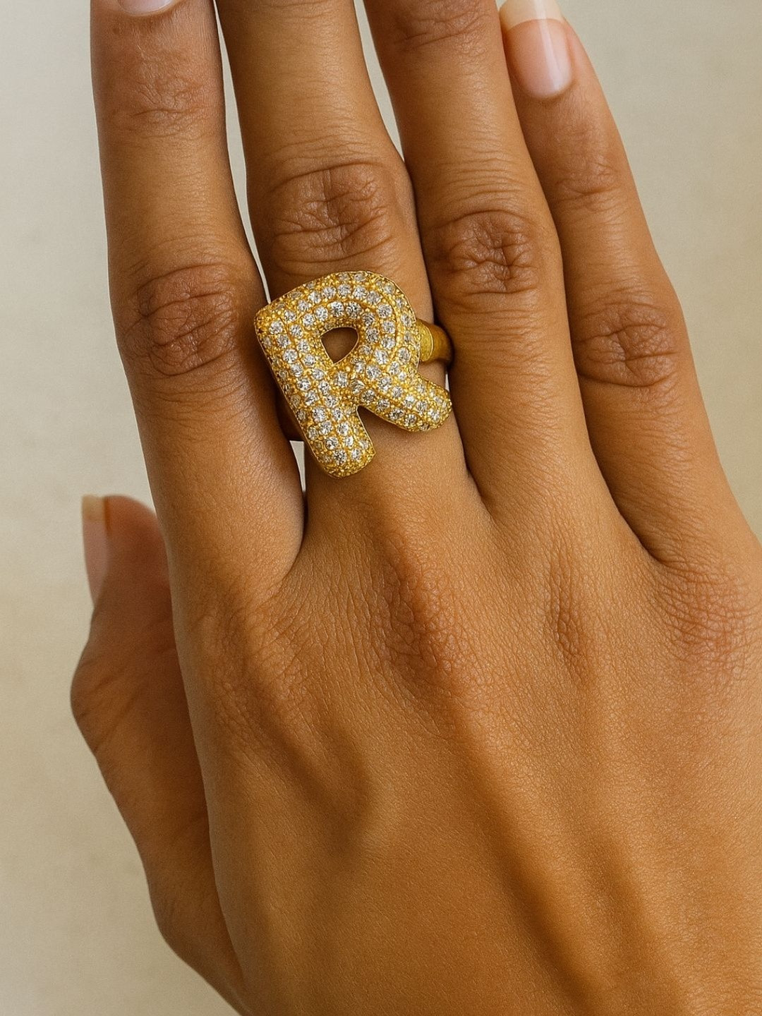 The Jewellery Tale Stainless Steel Gold-Plated R Initial Diamond-Studded Finger Ring