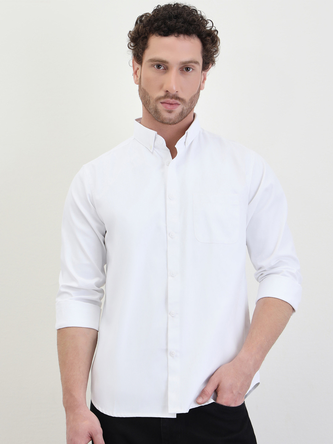 Styli Men Solid Button-Down Collar Roll-Up Sleeves Casual Shirt