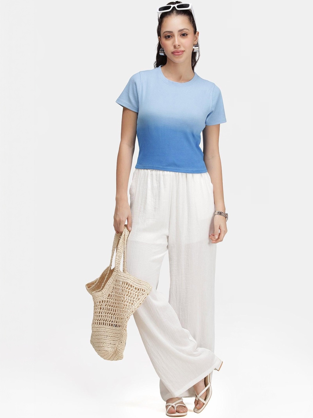 Virgio Women Solid Cotton Round Neck Short Sleeves Dip Dye Rib Top