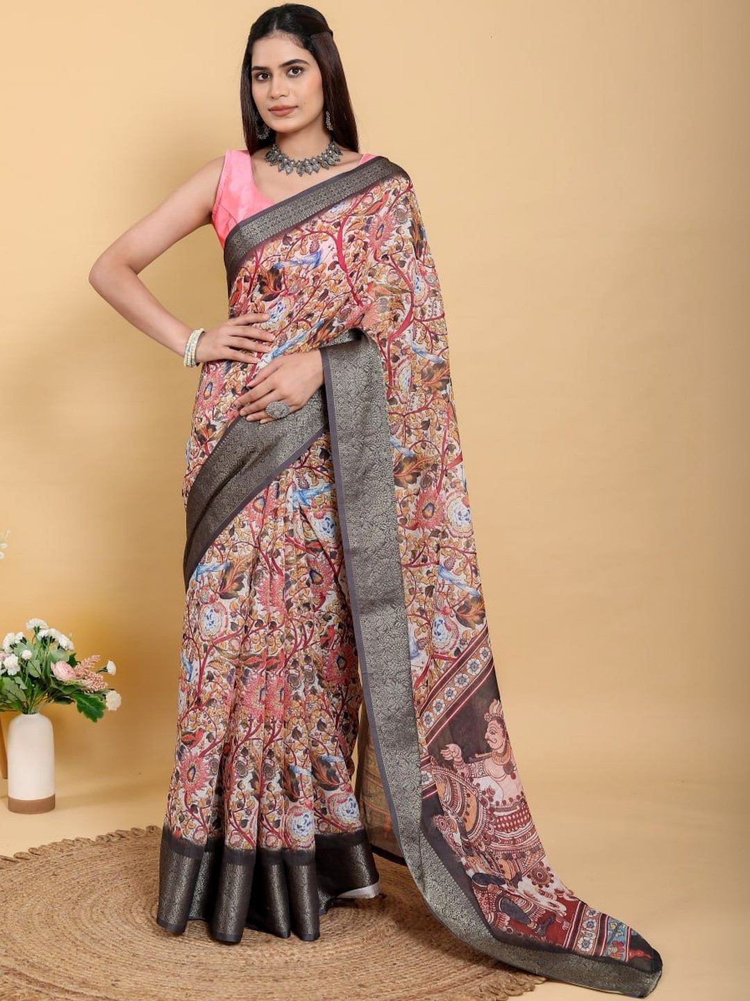 DAATAR Ethnic Motifs Printed Woven Design Border Saree