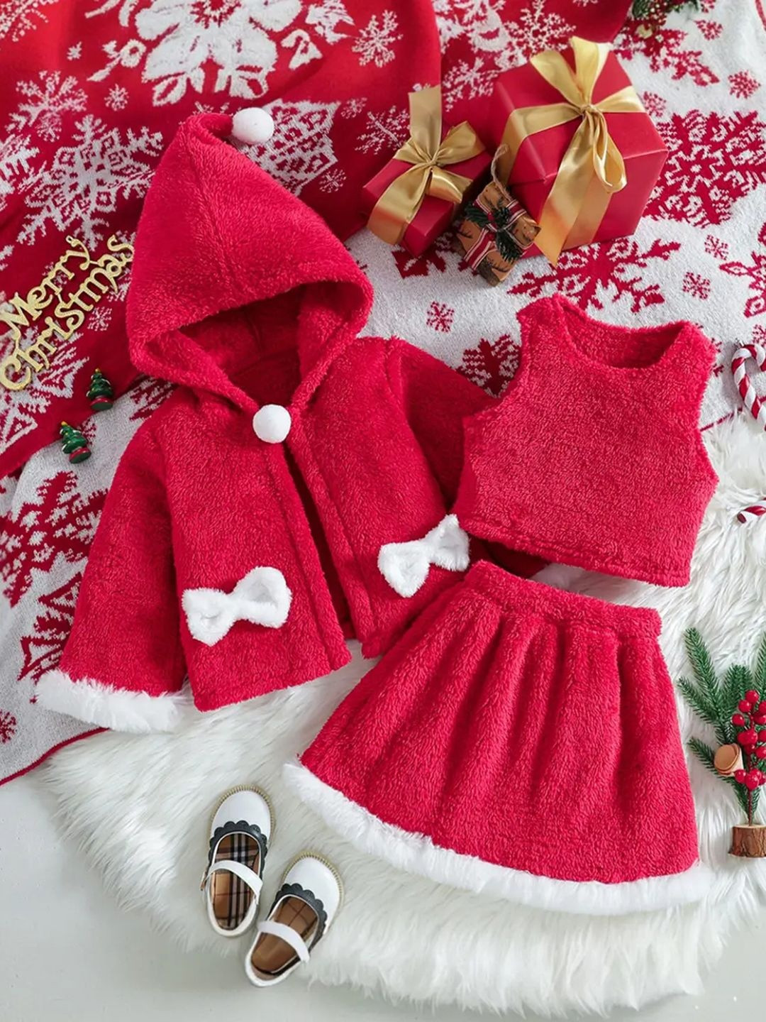 YK Girls Long Sleeves Fleece Sleeveless Top With Hooded Jacket & Skirt