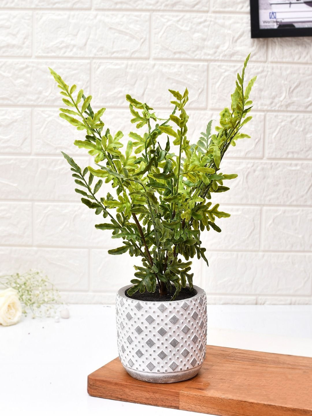 Myntra Elegant Homes Grey & Green Fern Artificial Plant With Patterned Pot