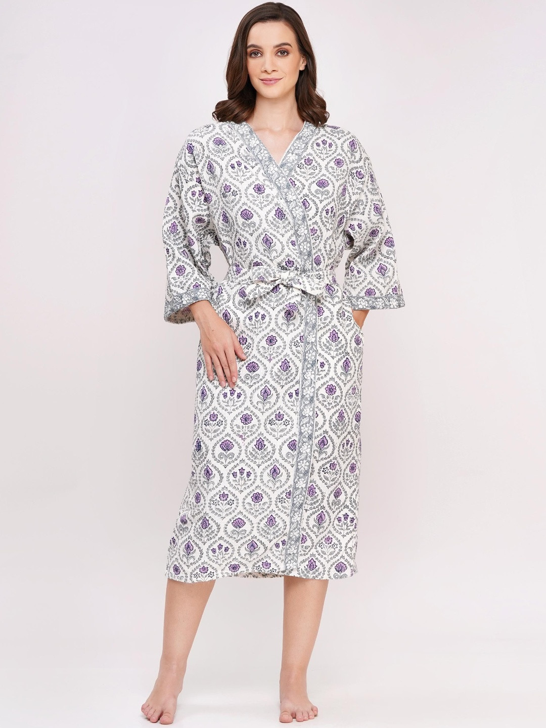 POORAK Women Ethnic Motifs Printed V-Neck Cotton Waffle Bath Robe