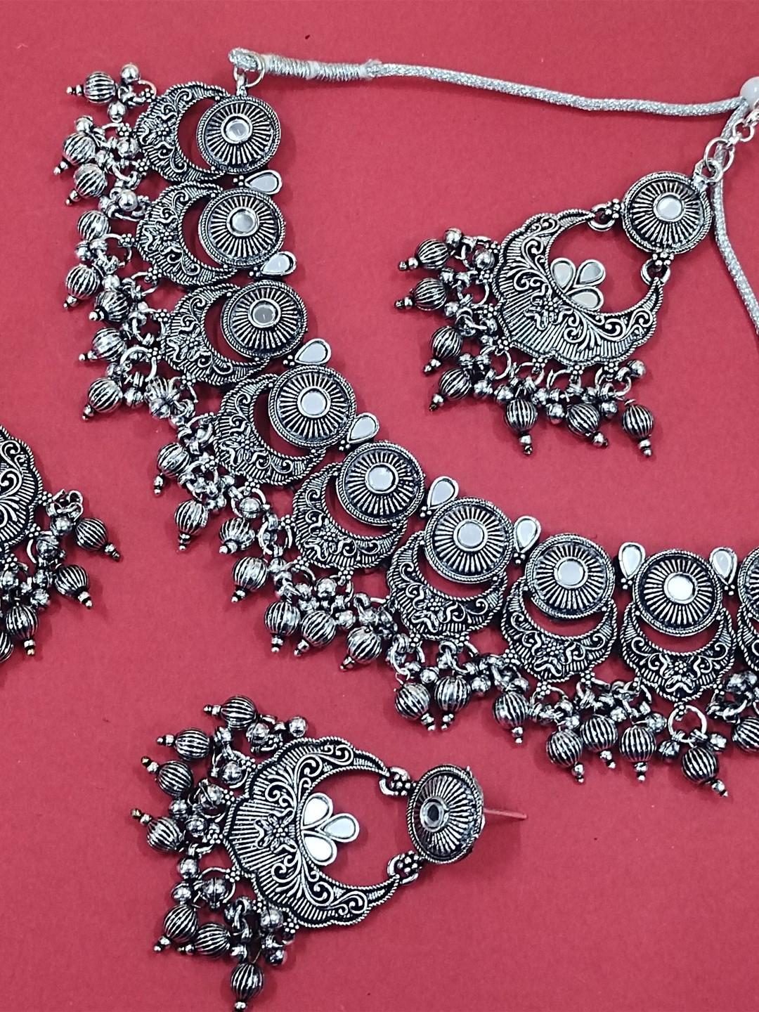 Women Click Artificial Beaded Mirror Work Oxidised Jewellery Set
