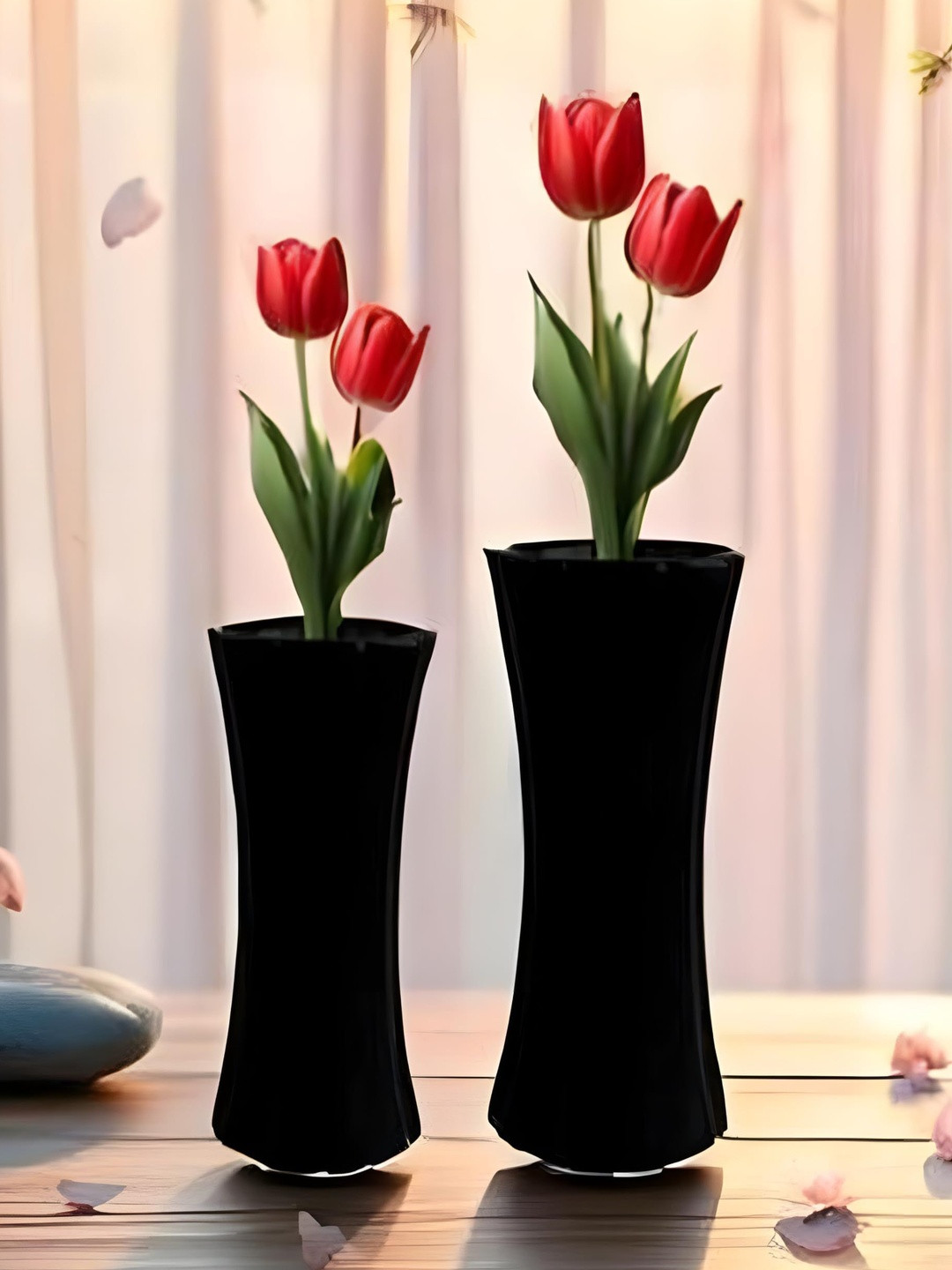 LASAKI Vanya 2 Pieces Black Textured Ceramic Flower Vases