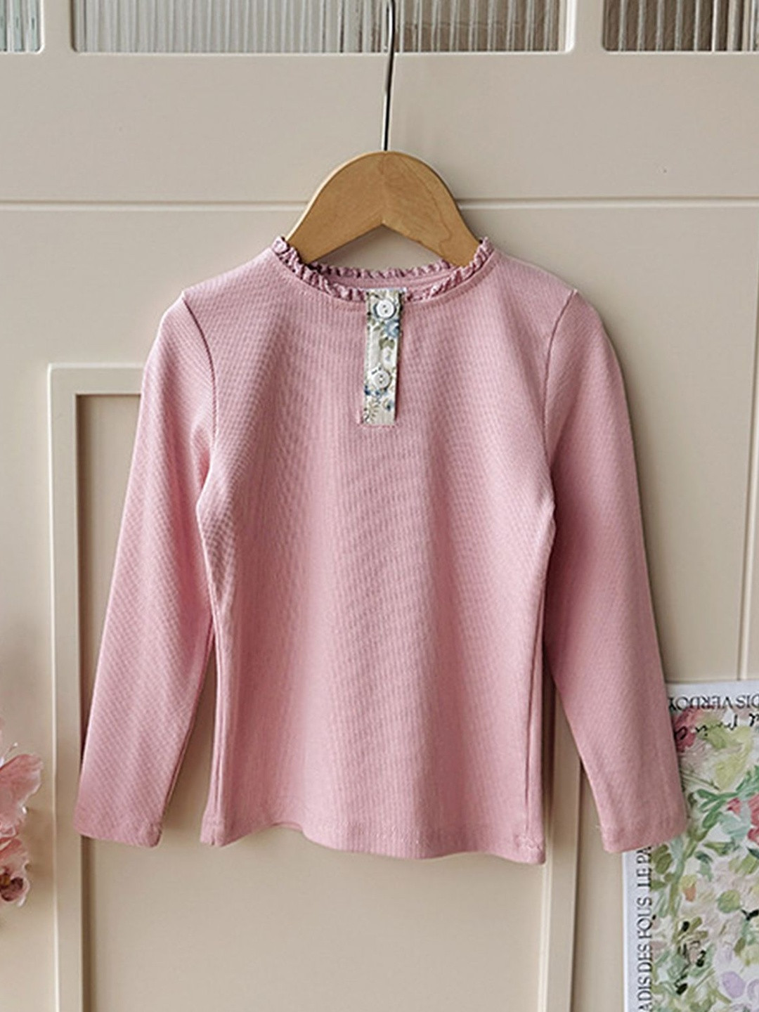 LULU & SKY Girls Ribbed Ruffles Mock Neck Tops With Floral Print Details