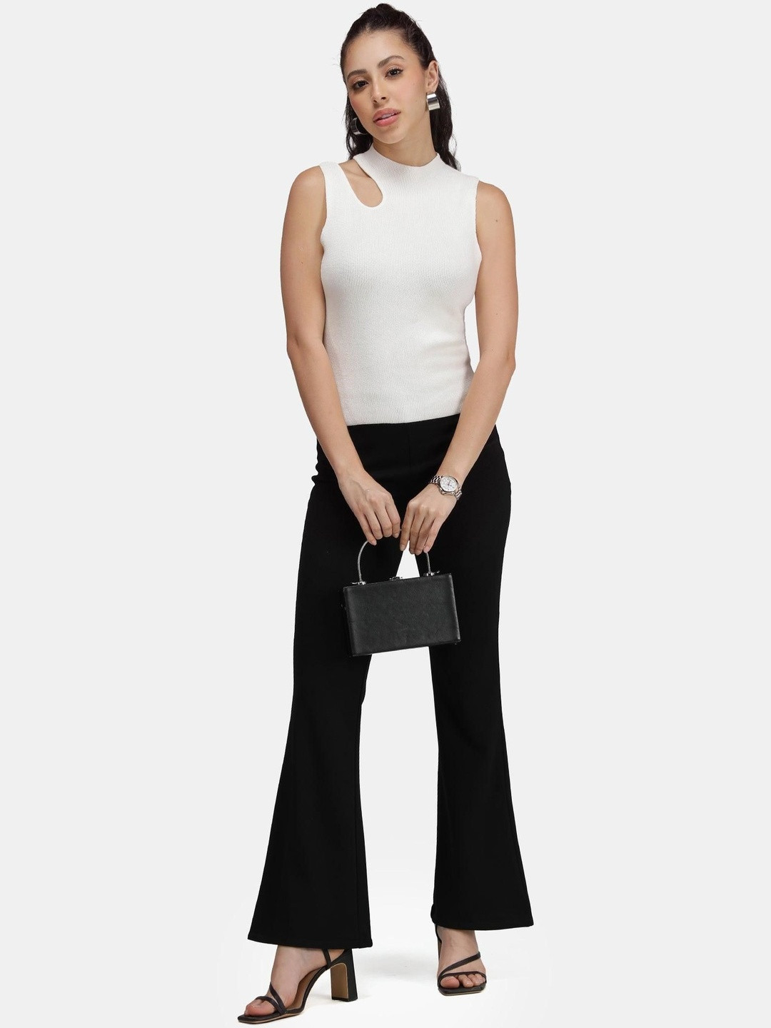 Virgio Women Solid Viscose High Neck Cut-Out Flat Knit Tank Top