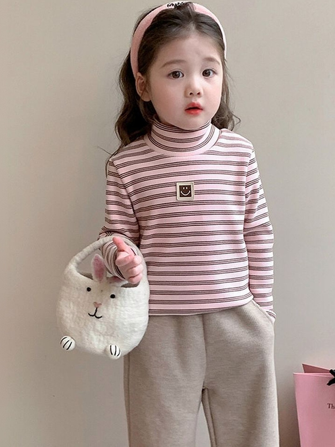 LULU & SKY Girls Striped High Neck Smiley Regular Top