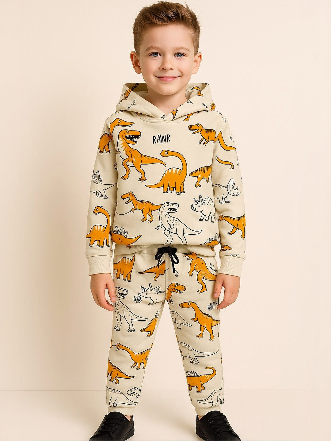 YK Boys Full Sleeves Cream Dinosaur Printed Hoodie Sweatshirt With Pajama