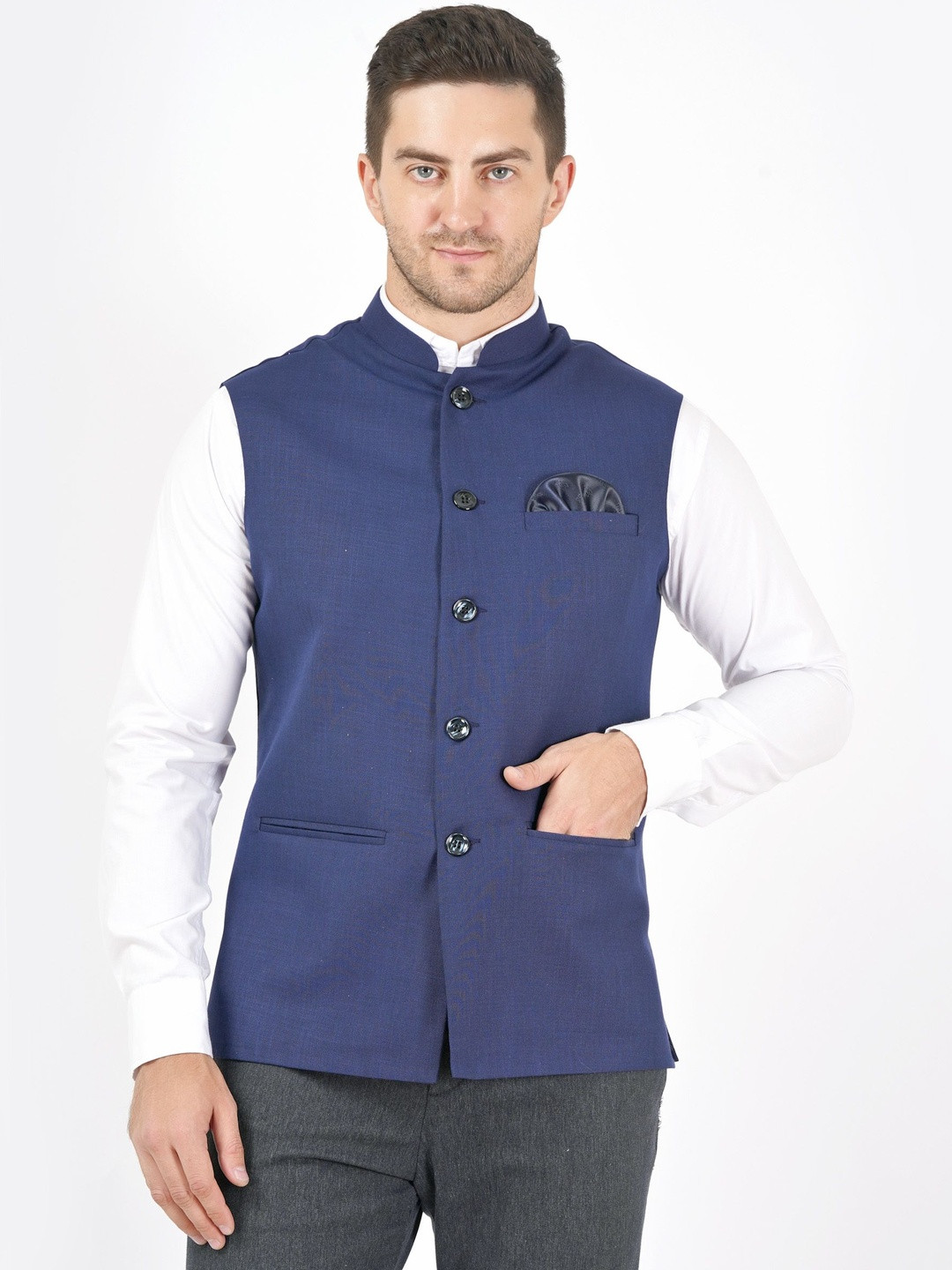 Badoliya & Sons Cotton Linen Woven Nehru Jacket With Pocket Square