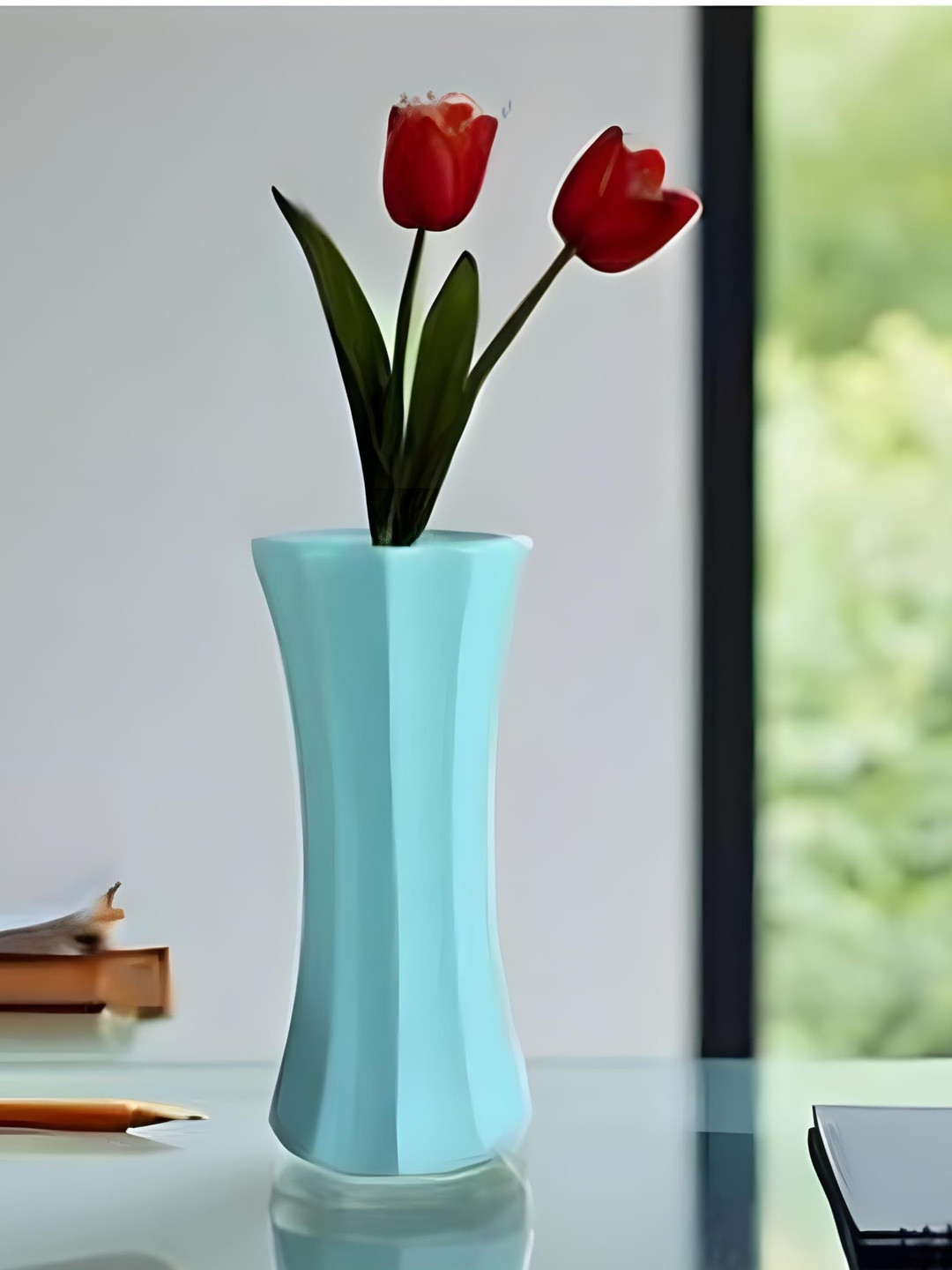LASAKI Vanya Blue Textured Ceramic Flower Vase