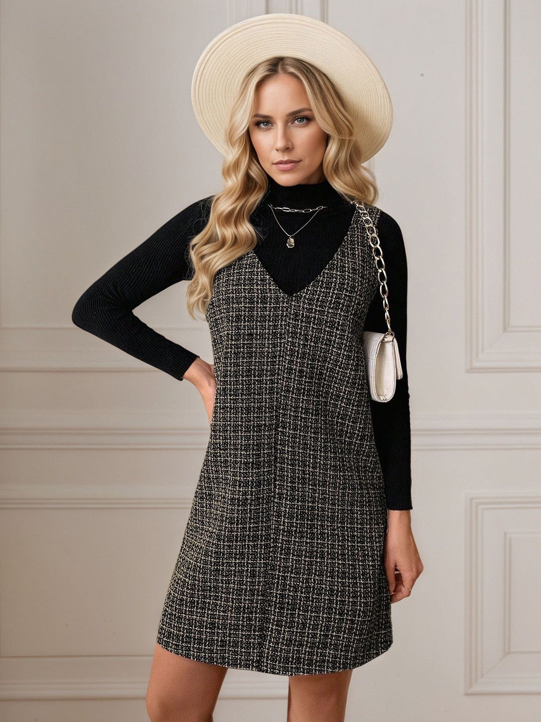 Checked A-Line Dress with Long Sleeves
