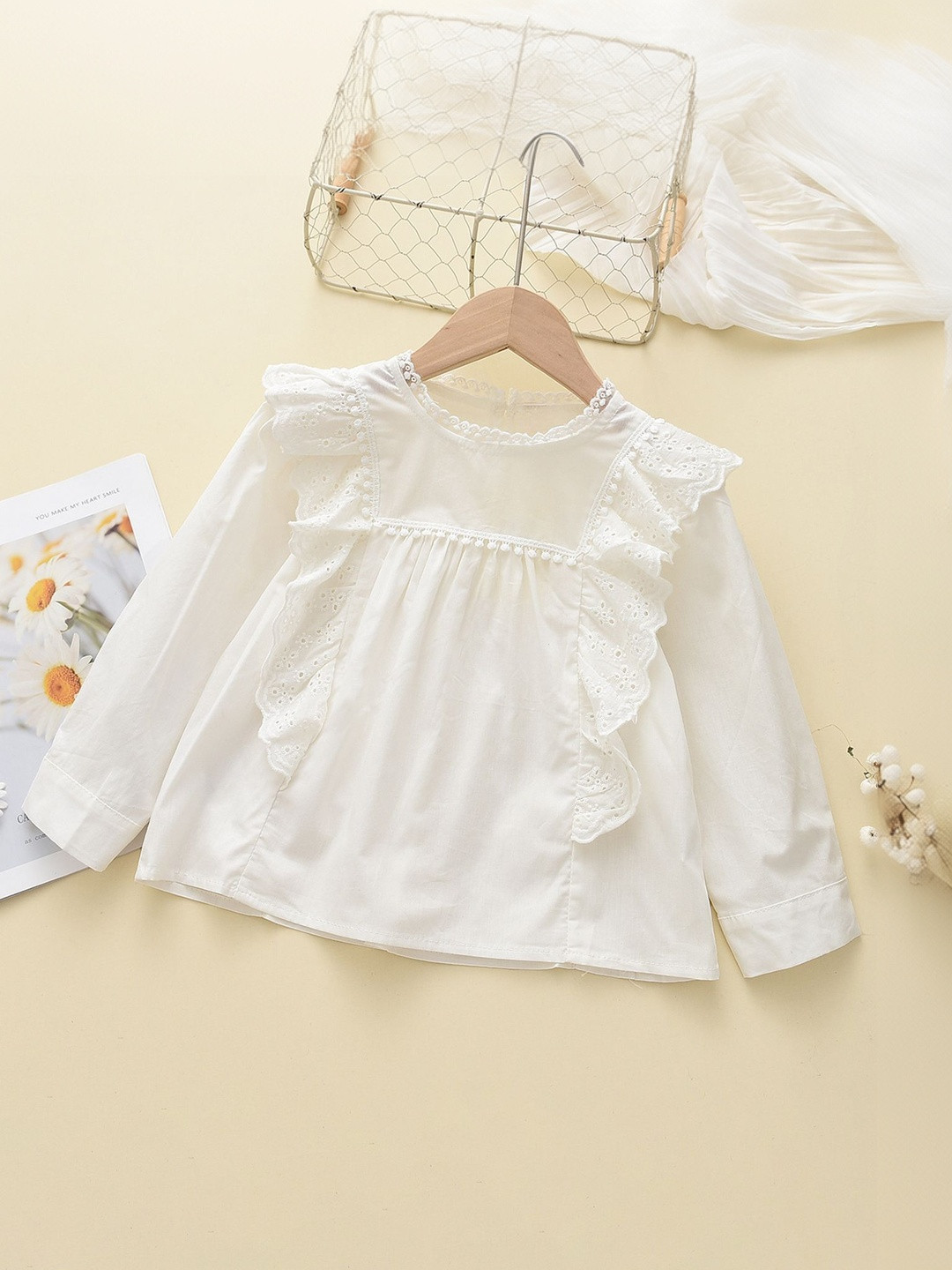 LULU & SKY Girls Self Design Round Neck Cuffed Sleeves Ruffles Cotton Regular A-Line Top