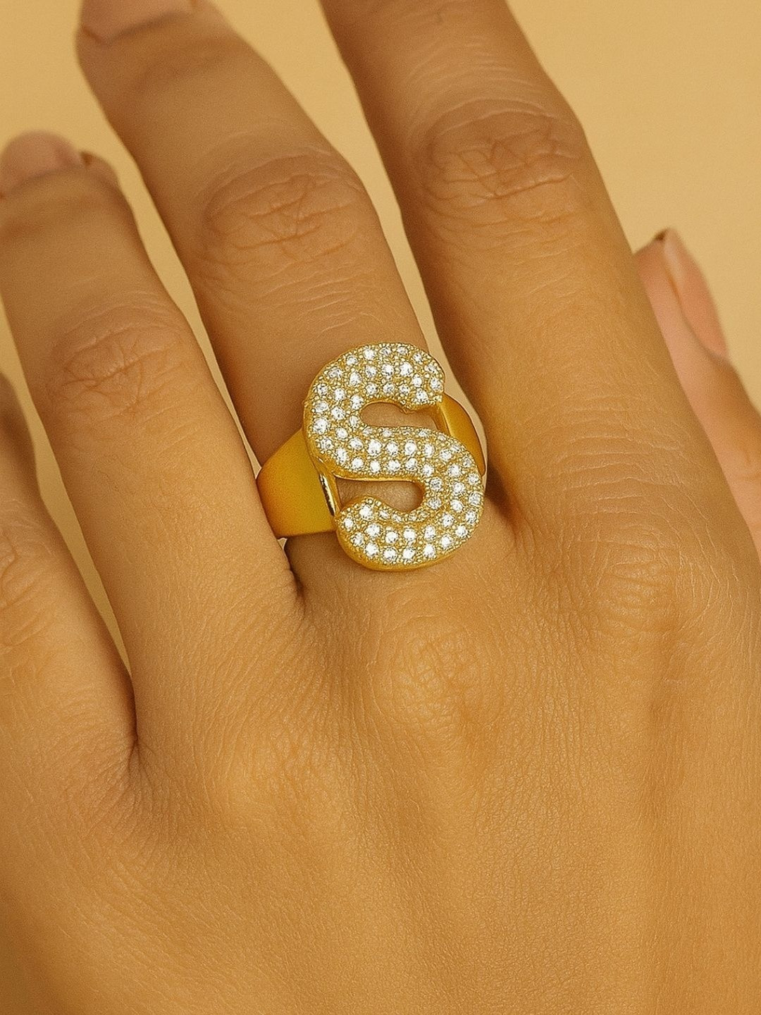 The Jewellery Tale Women Gold-Plated S Initial Diamond Encrusted Adjustable Finger Ring