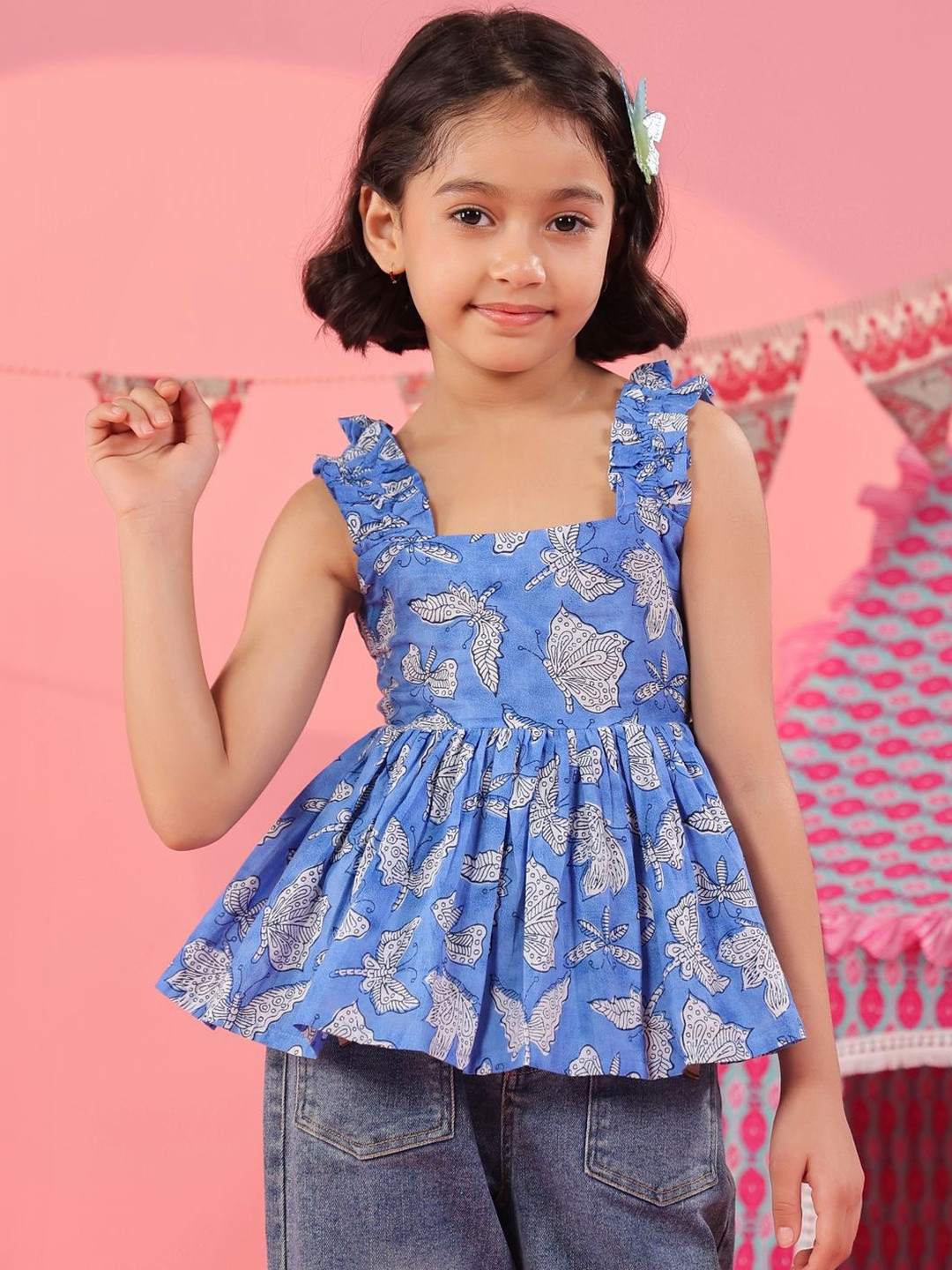 Rain & Rainbow Print Cotton Peplum Crop Top