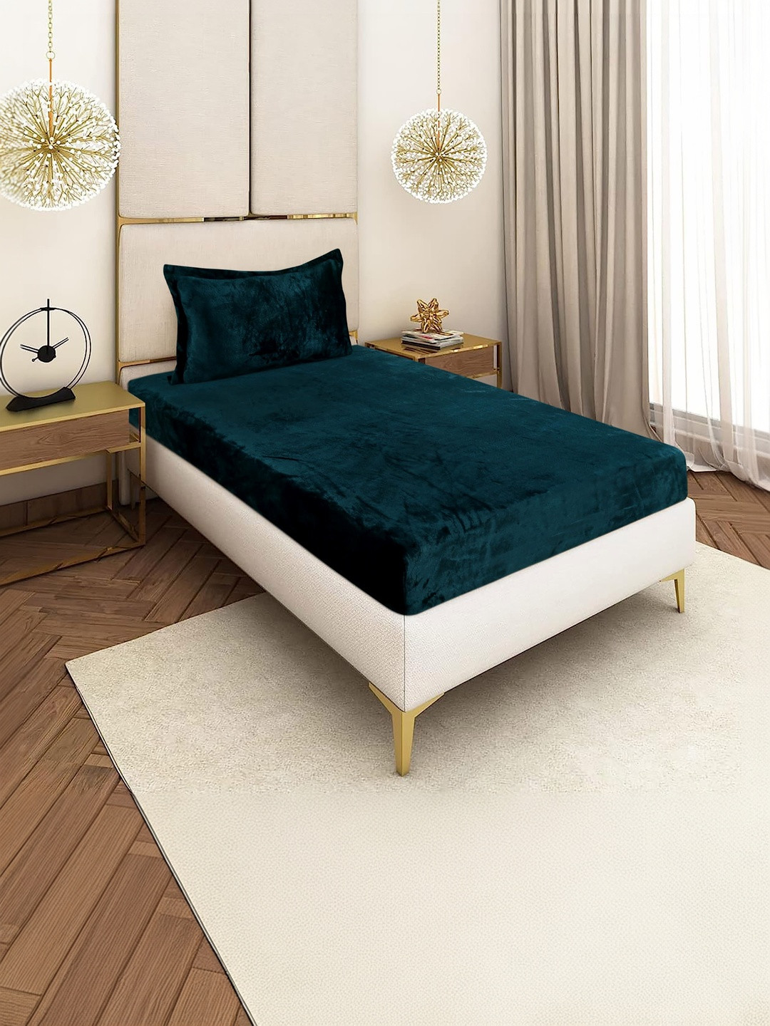 BLUEDOT Teal Velvet Woolen Warm 220 TC Single Fitted Bedsheet With 1 Pillow Cover