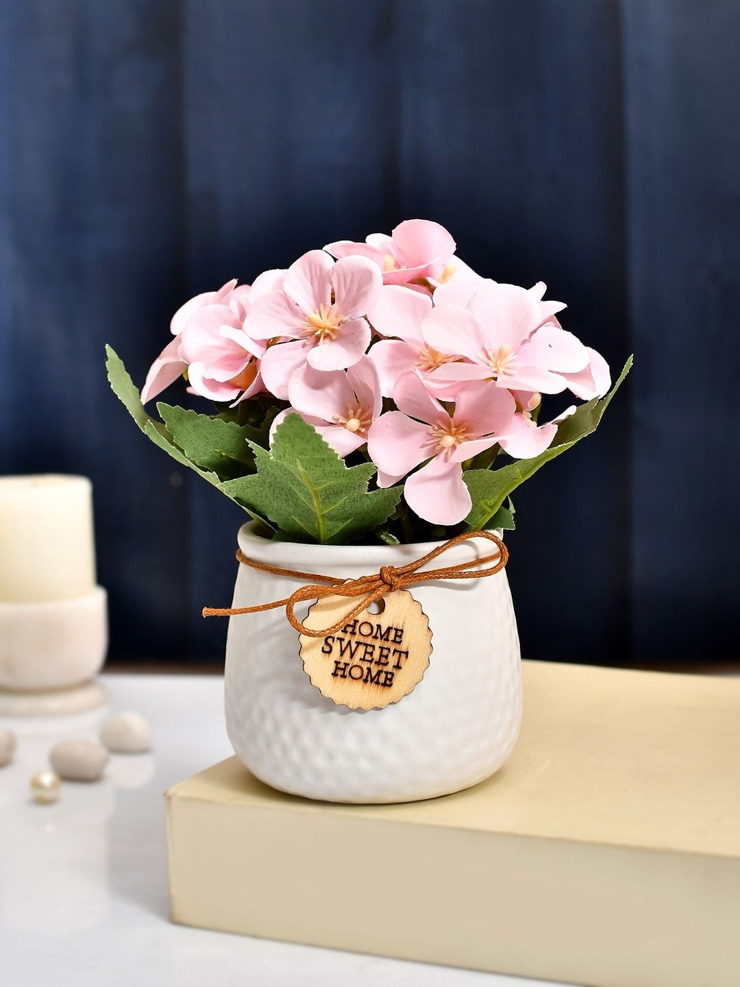 Myntra Elegant Homes White & Pink Artificial Flowers With Pot