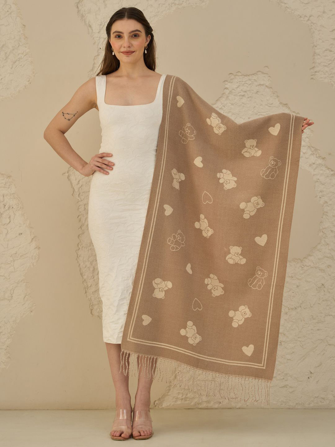 Knitkala Cashmere Teddy and Heart Printed Woollen Stole