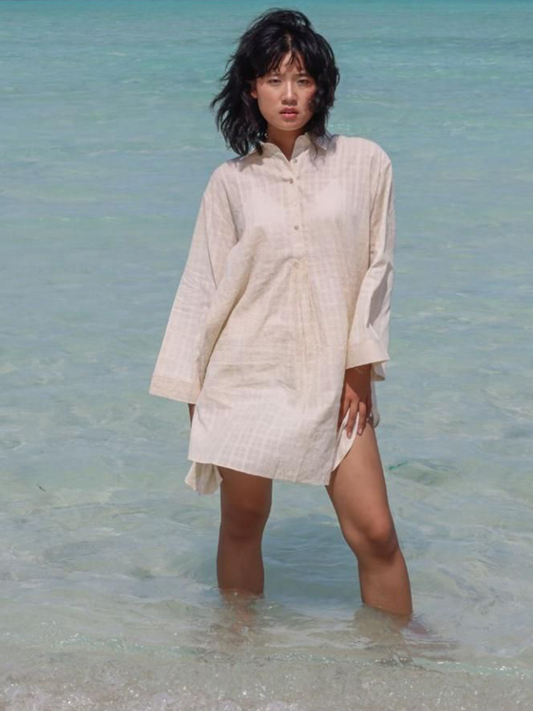 RAAS LIFE Lily Women Self Design Mandarin Collar Neck Knee Length Shirt Dress