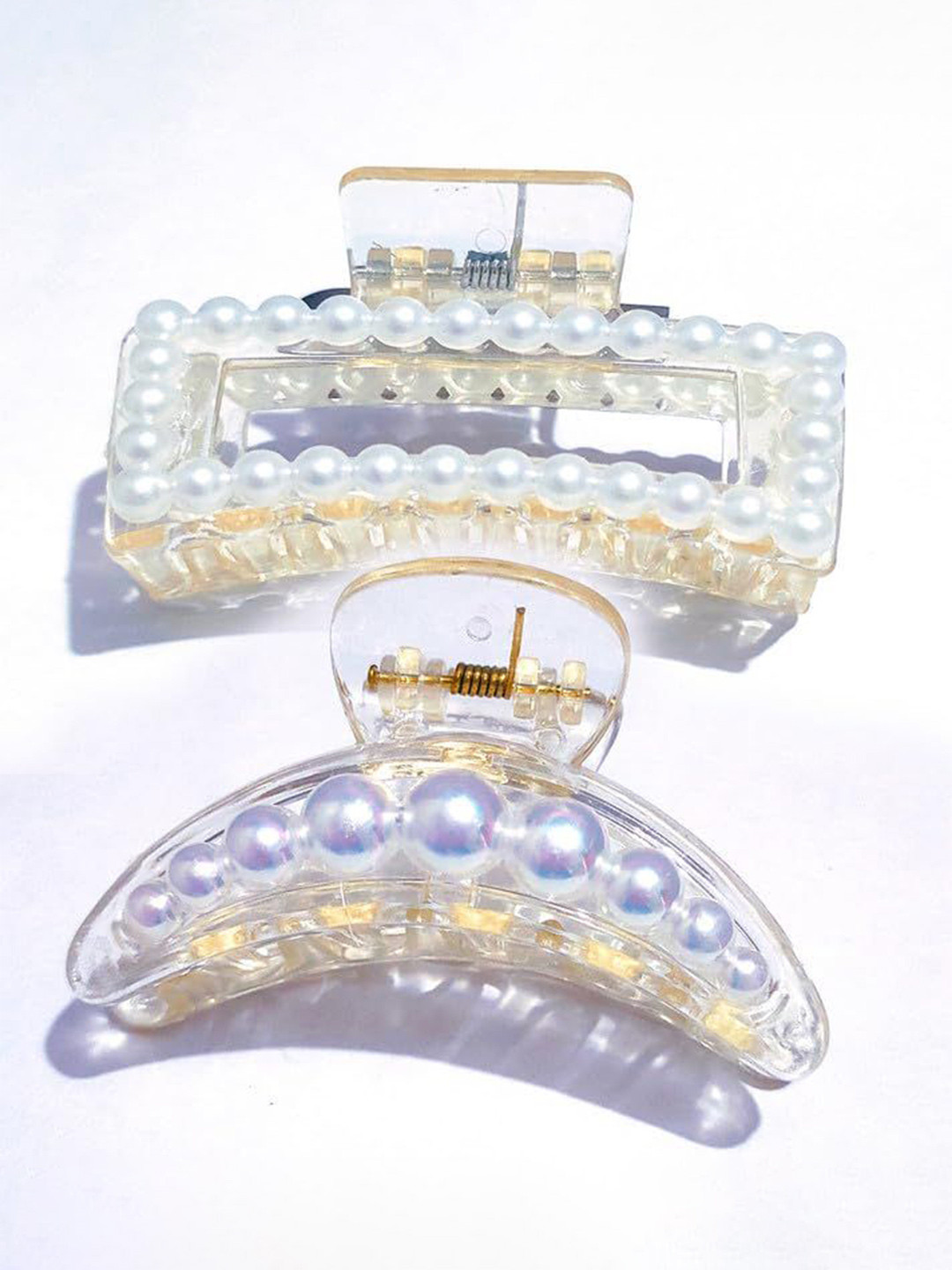 SH FSN Women Set of 2 Rectangular and Half Moon Pearls Beaded Claw Clip