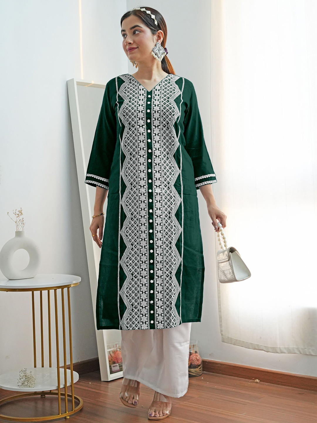 KALINI Chikankari Embroidery Straight Kurta