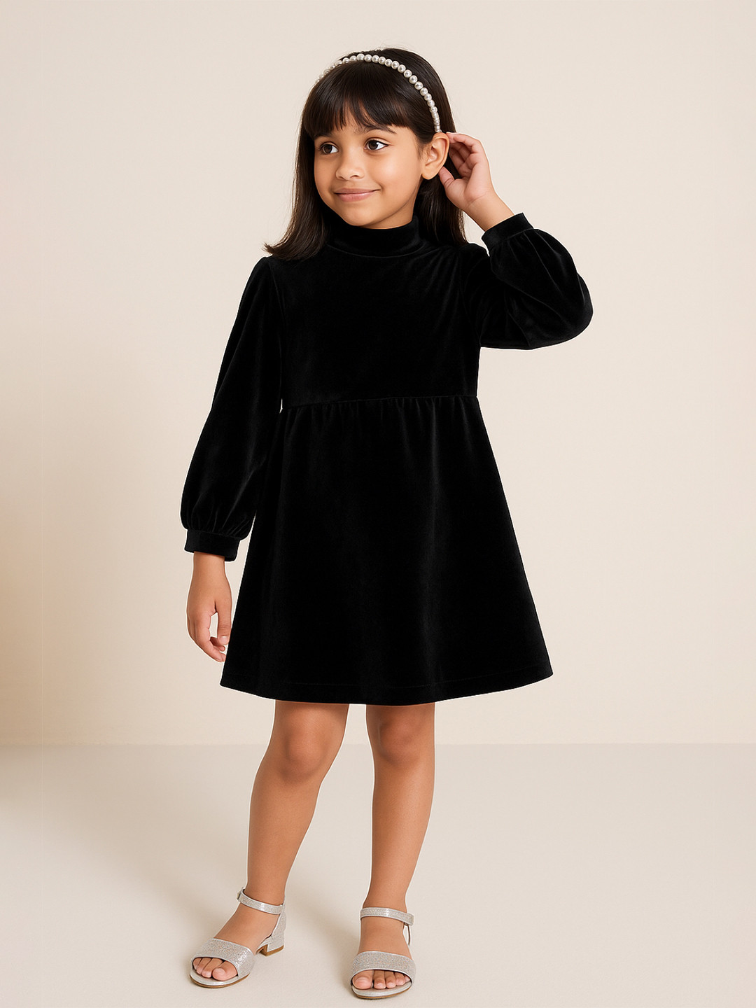 TALES & STORIES Girls Black Cuffed Sleeve Fit & Flare Dress