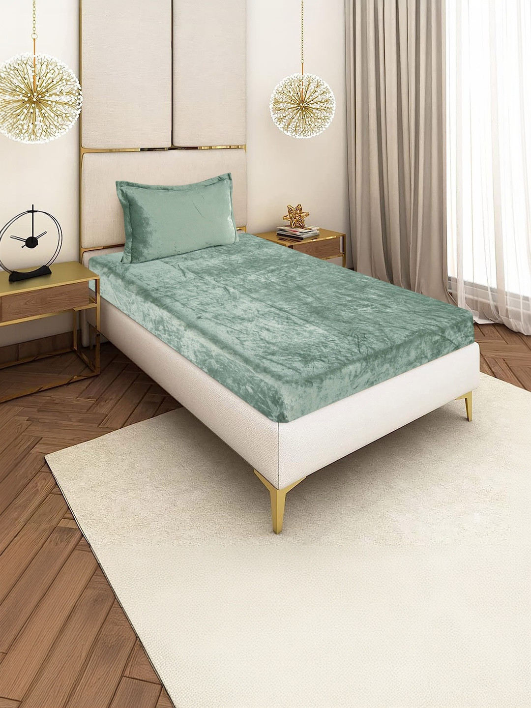 BLUEDOT Sea Green Velvet Woolen Warm 220 TC Single Fitted Bedsheet with 1 Pillow Cover