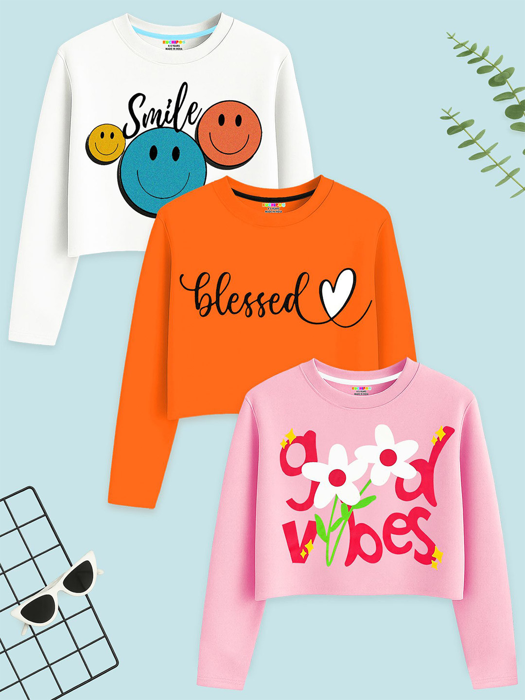 KUCHIPOO Girls Pack of 3 Graphic Printed Round Neck Cotton T-shirts