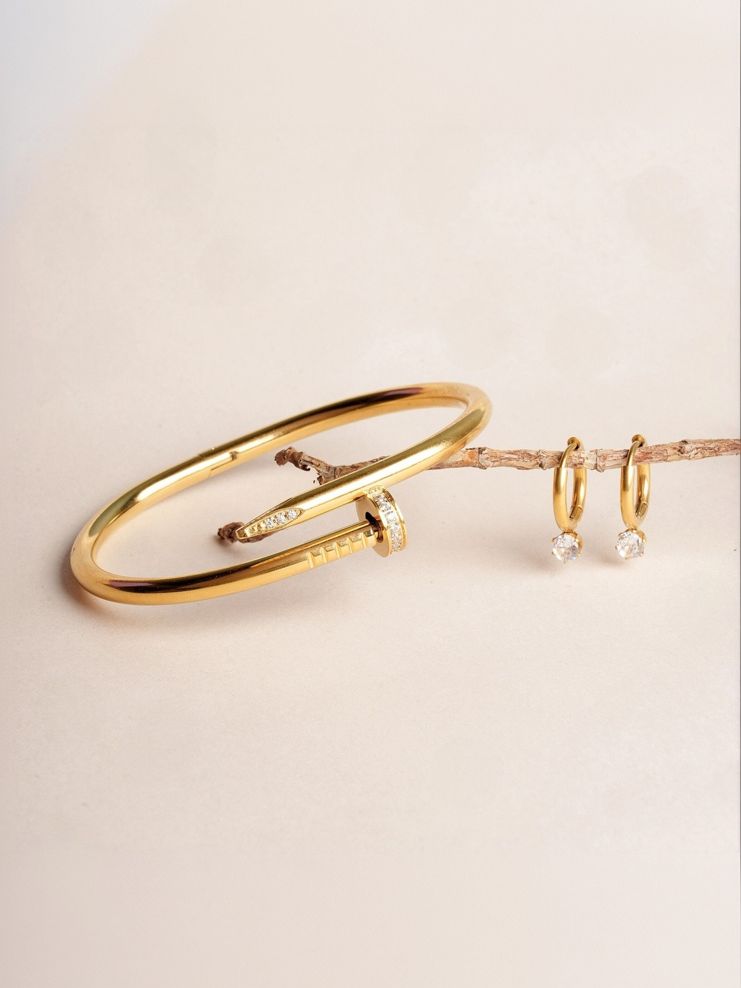 PALMONAS Stainless Steel Nail Bangle Bracelet & Athena Solitaire Bracelet And Earrings