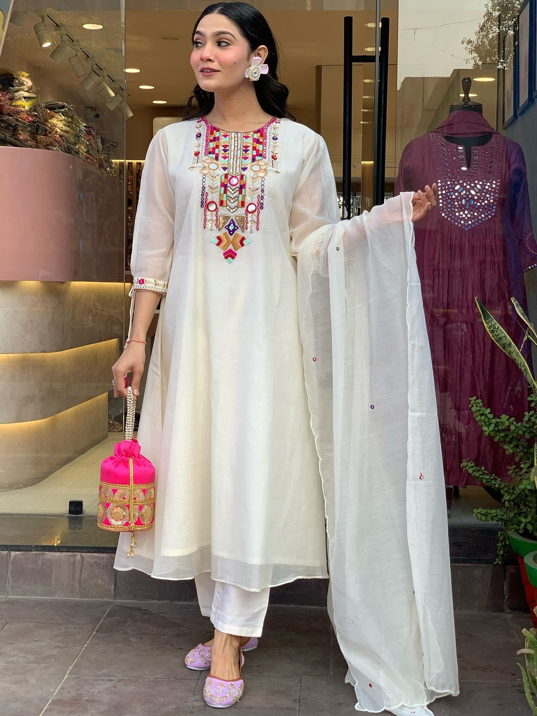 Kethi Fashion Ethnic Motifs Yoke Design Mirror Work A-Line Kurta With Trousers & Dupatta