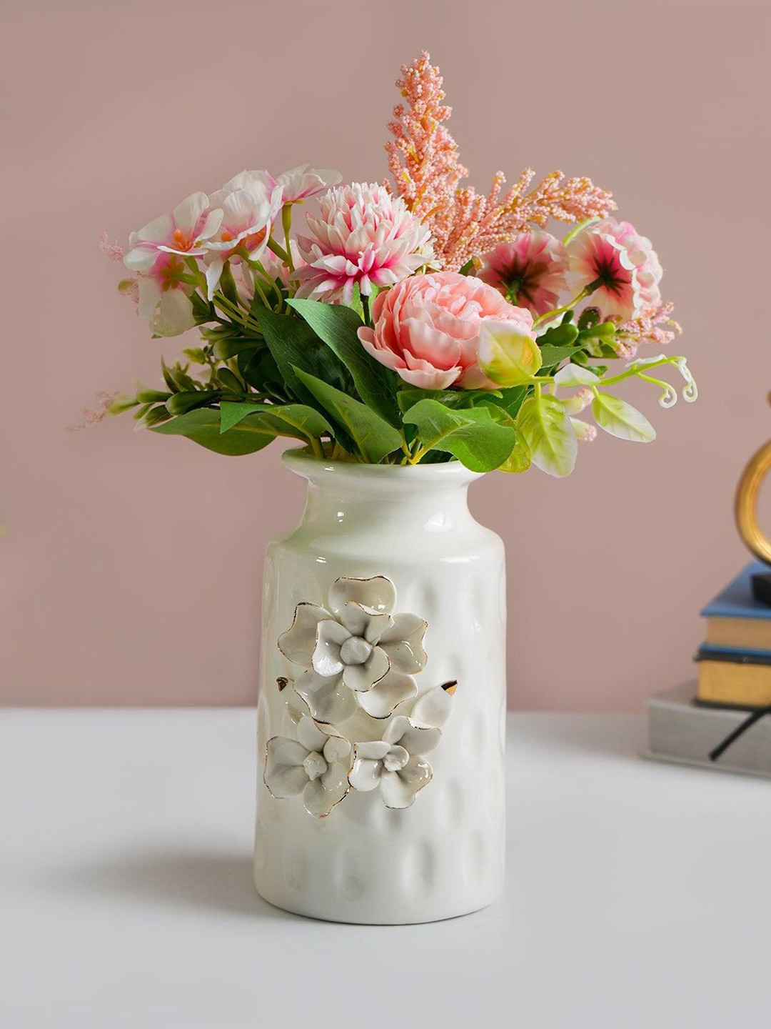 MARKET99 White & Gold Toned Floral Appliques Round Ceramic Flower Vase