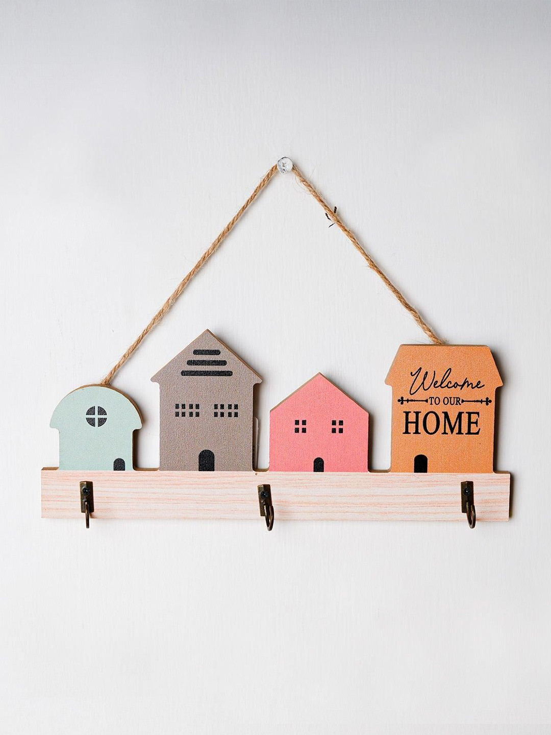 MARKET99 Brown & Pink Printed Hanging 3 Hook Wooden Key Holder