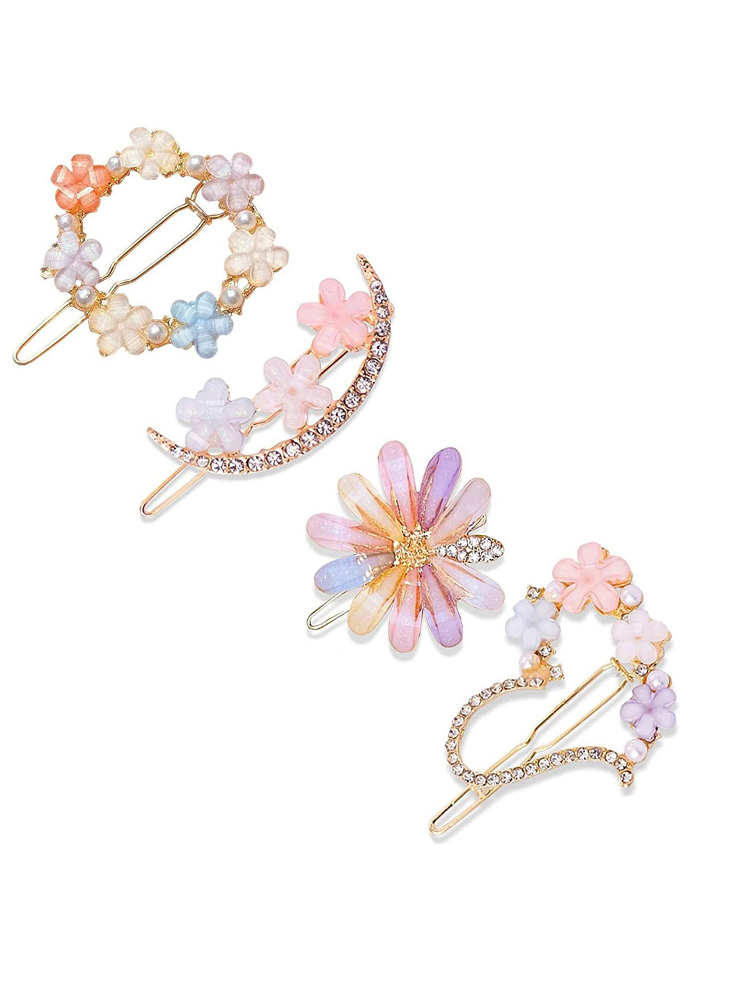 SHREEWATCHES Women Set of 4 Embellished Korean Style Flower Hair Lock Pins Claw Clip