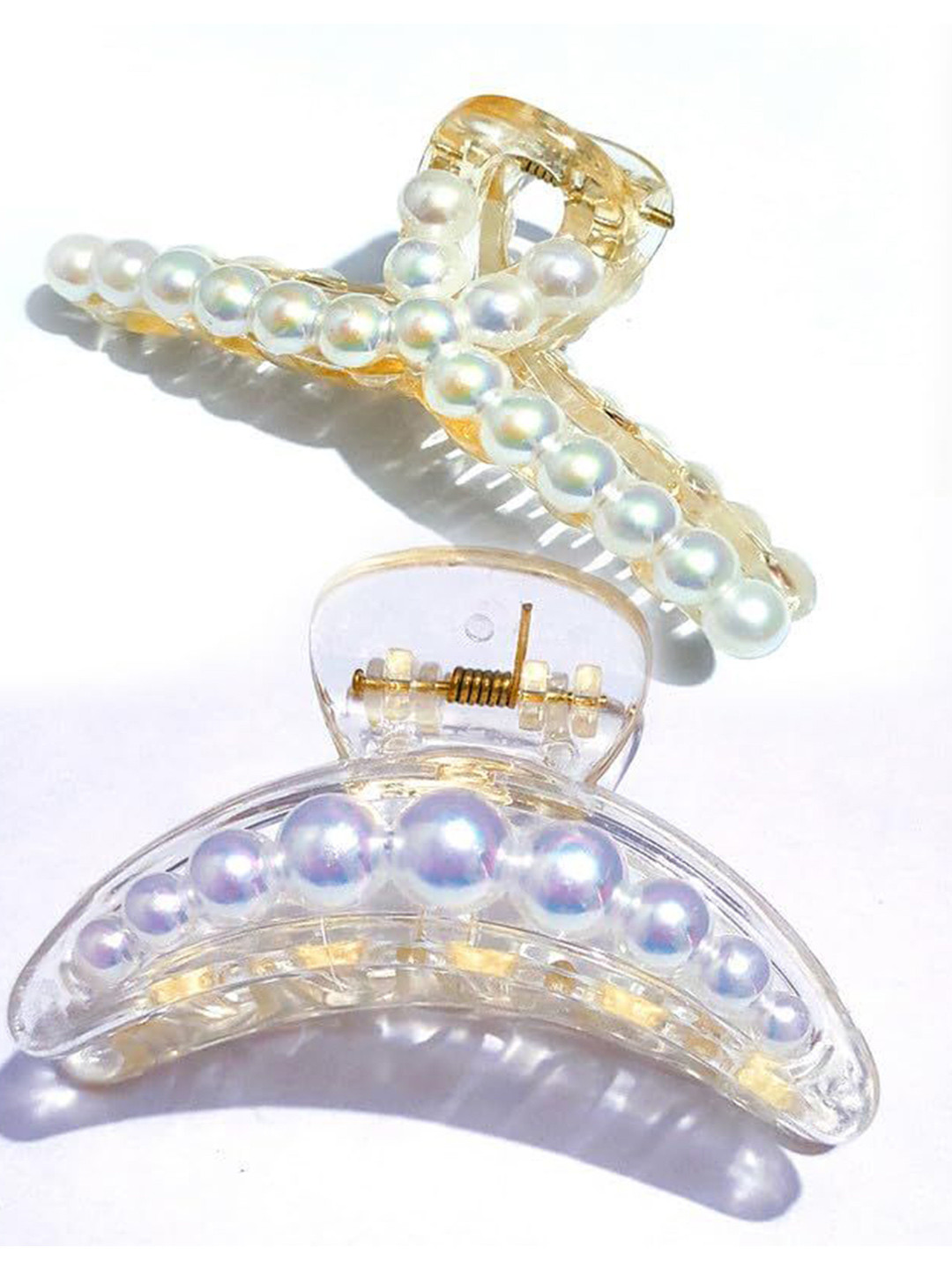 Axpro Women Set Of 2 T-shape And Half Moon Pearls Embellished Hair Claw Clip