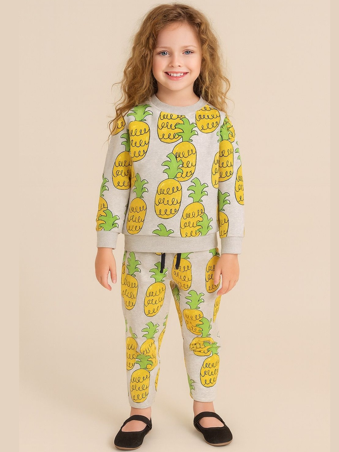 YK Girls Full Sleeves Off White Pineapple Print Sweatshirt With Pajama