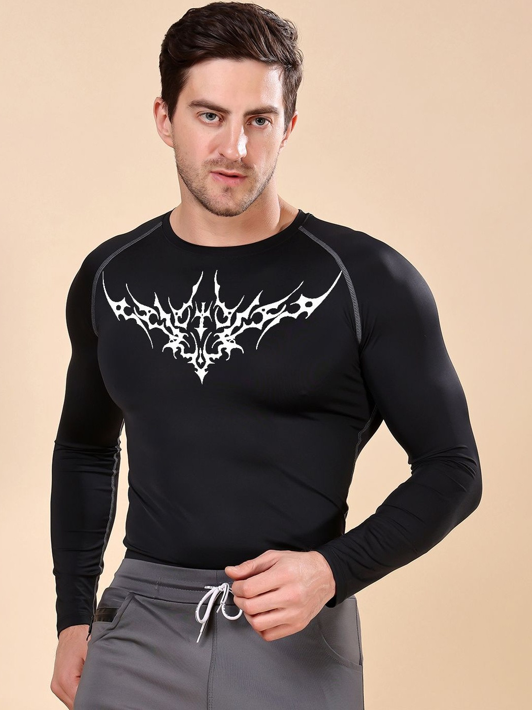 Friskers Men Black Graphics printed Henley Neck Compression T-shirt