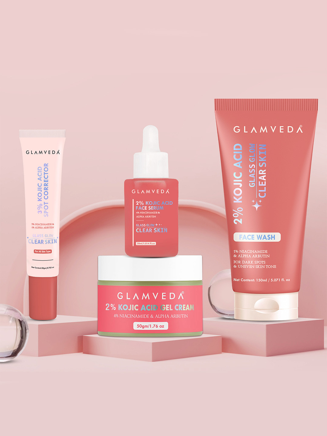 GLAMVEDA Set Of 4 2% Kojic Acid Facewash- 100 ml, Spot Corrector- 20 ml & Serum- 30 ml
