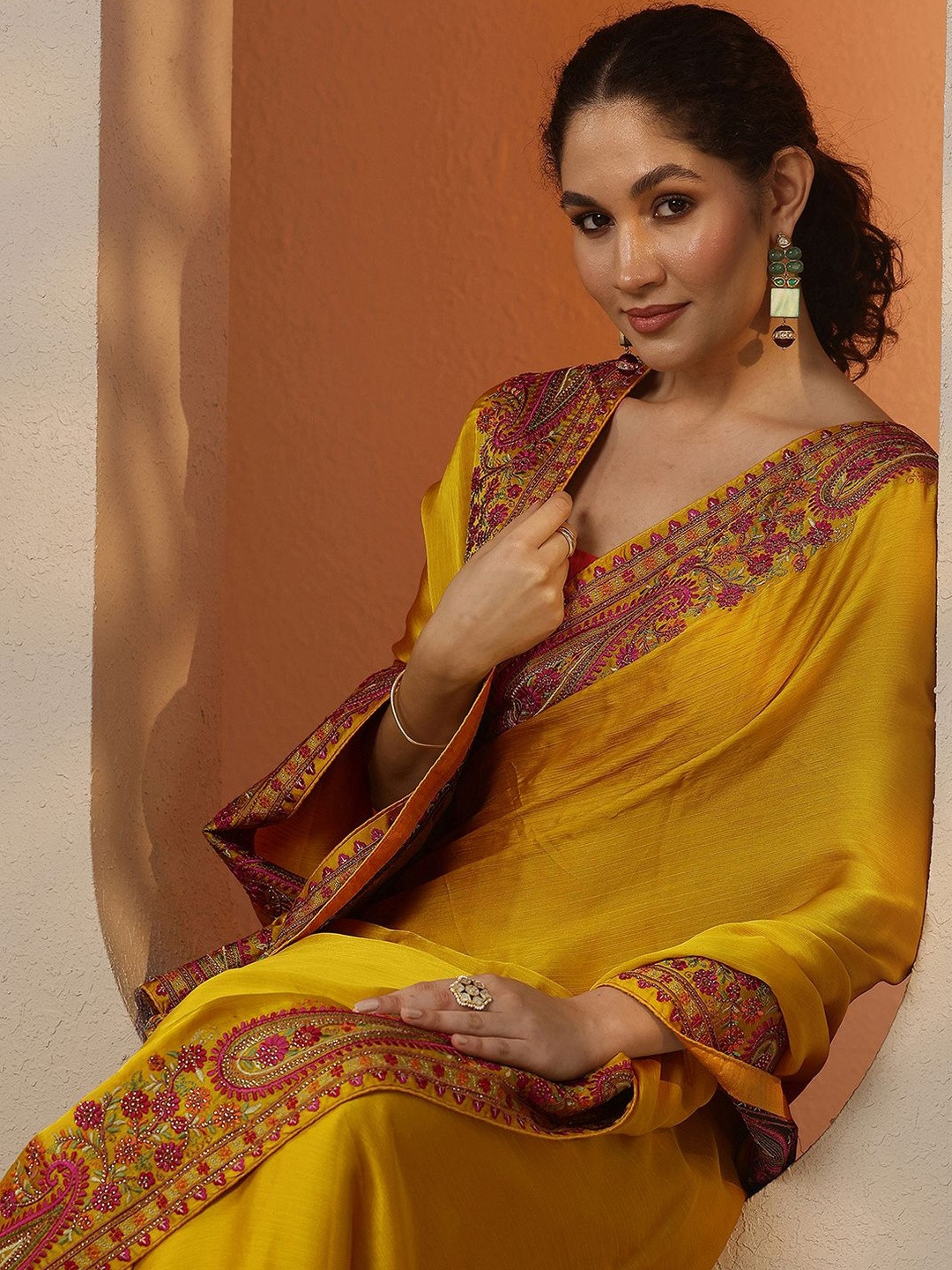 Libas Mustard Solid Chiffon Saree With Unstitched Blouse Piece